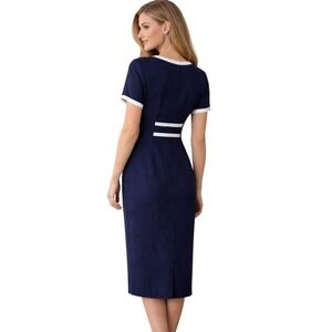 Vintage Maggy London Linen Blend Navy Blue Sheath Dress 4 Minimalist Preppy 90s